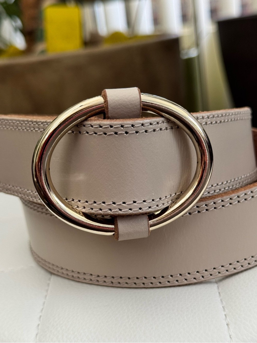 LOFT Oval Buckle Ivory Off White Genuine Leather Belt Tonal Stitching XXS/XS NEW